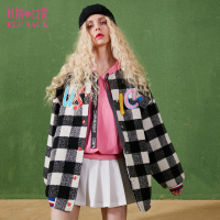 冬装2017新款宽松刺绣格子呢子大衣中长款棒球毛呢外套女-732138