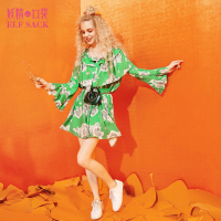 V领长袖超短裙子夏装女士2017新款时尚喇叭袖压褶连衣裙女-727152