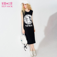 夏装2017新款欧美无袖字母印花中腰连衣裙女中长裙子-727143