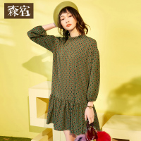 复古圆领波普灯笼袖裙子春装雪纺文艺连衣裙短裙女-717013