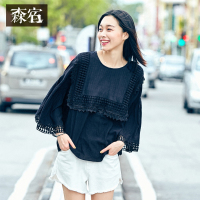 文艺甜美圆领套头衬衣夏装织带拼接田园风蕾丝长袖衬衫女-724216