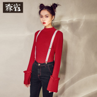 春装2017新款百搭套头文艺木耳边花苞袖修身高领毛衣女-739030