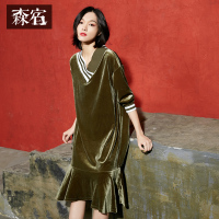 春装H型不对称V领荷叶边裙子学院风长袖丝绒连衣裙女-737031