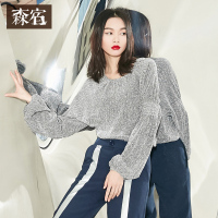 短款打底衫春秋装文艺chic修身闪光丝上衣复古灯笼袖T恤女-714101