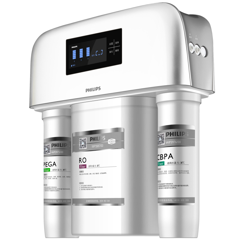 飞利浦(PHILIPS)家用净水器 5级过滤 智能屏显示 双重防漏保护 高效反渗透净水机WP4174/01