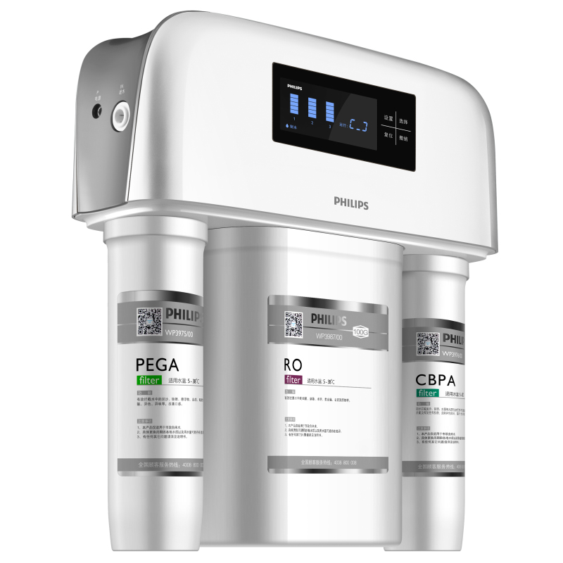 飞利浦(PHILIPS)家用净水器 5级过滤 智能屏显示 双重防漏保护 高效反渗透净水机WP4174/01