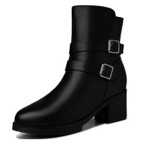 莱卡金顿 2017秋冬季新款圆头粗跟女靴侧拉链金属装饰皮带扣短靴防水台女鞋1882-1