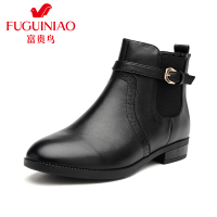 富贵鸟（FUGUINIAO)冬季新款尖头舒适粗跟侧拉链女短靴金属扣装饰鞋子