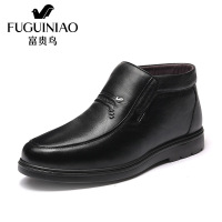 富贵鸟男鞋2017冬季新品加绒高帮男靴商务休闲皮靴黑色_1