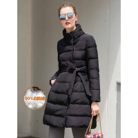 时尚百搭优雅90白鹅绒服气质修身系带蓬蓬裙摆羽绒服黑色