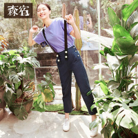 夏装女新款文艺棉麻长裤复古珍珠扣背带裤休闲裤-728002