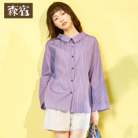 春装女落肩衬衣宽松条纹长袖衬衫女中长款-714041