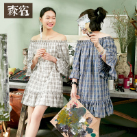 荷叶边一字领连衣裙夏装超短裙格子七分袖女短裙子-727049