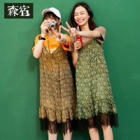 文艺蕾丝拼接印花连衣裙夏装甜美吊带无袖女中裙子-727119