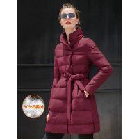 时尚百搭优雅90白鹅绒服气质修身系带蓬蓬裙摆羽绒服深红