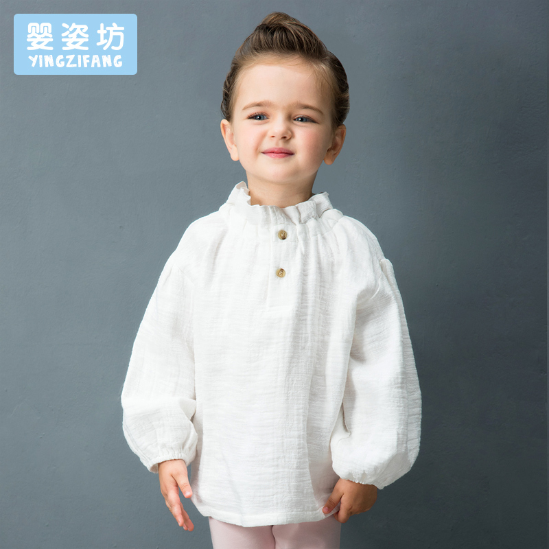 婴姿坊女童花边领长袖上衣童装女宝宝新款时尚简约儿童纯色T恤