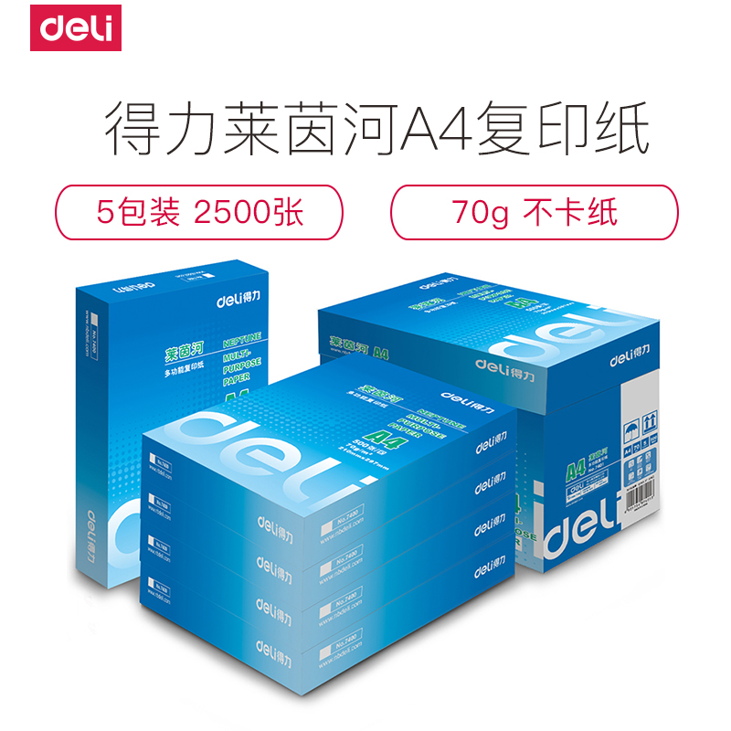 得力deli7401莱茵河系列 办公用纸 a4复印纸 70g打印a4纸 5包装2500张