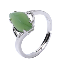 印象眸 银镶和田玉碧玉戒指 925银镶嵌菱形玉石戒指可调节附送证书