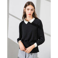 简约抽绳衬衫领拼色套头衫黑色