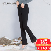 烟花烫2018春装新款女百搭弹力立体花装饰喇叭裤牛仔裤 琉璃心3742280