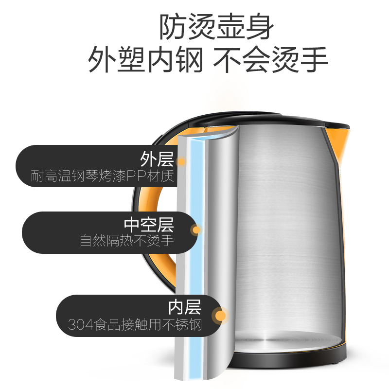 美的(Midea) 电水壶 SH202 1.5L 双层防烫 食品级304不锈钢 防尘设计