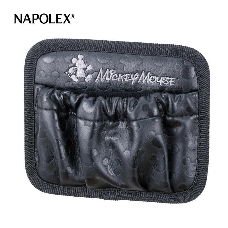 NAPOLEX迪士尼汽车用品 米奇纯黑皮革压印迷你袋WD-211 多功能汽车置物袋车载收纳盒袋粘贴式车用储物袋