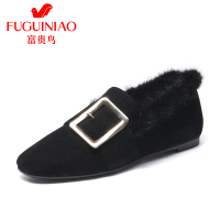 富贵鸟（FUGUINIAO）女鞋羊皮绒面加绒平底鞋内增高百搭毛毛鞋