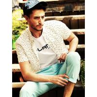 LLANNE亚麻短袖衬衫男白色麻布寸衣五角星印花棉麻小碎点休闲衬衣