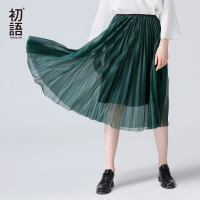 初语2017秋冬装新品雪纺半身裙纱裙中长款纯色百褶雪纺a字裙女秋_1
