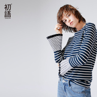 初语冬季新款条纹百褶细条纹喇叭长袖棉质T恤_1