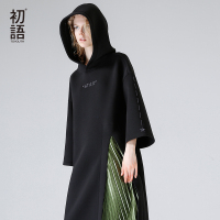 初语2017秋季新款字母刺绣九分袖开叉连帽连衣裙中长款女裙子_2