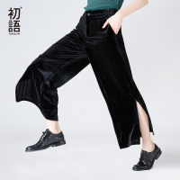 初语2017秋装新款复古竖纹肌理阔腿开衩丝绒休闲裤女中腰直筒裤_2