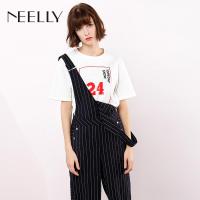 Neelly纳俪2018春季新款条纹阔腿通勤休闲九分背带裤
