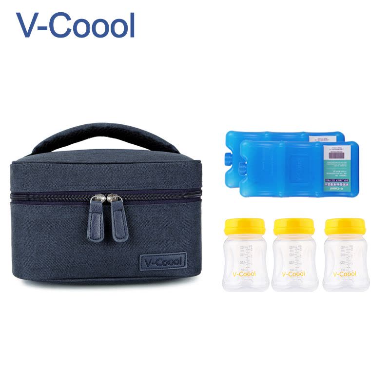 V-Coool 小号母乳保鲜包 迷你背奶包 保温保鲜4.92ML 深蓝色 2个干式蓝冰 3个宽口PP储奶瓶图片