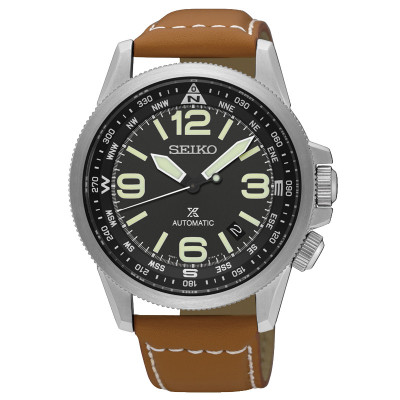 精工(SEIKO)手表 PROSPEX系列户外运动智慧夜光方位指南自动上链机械男表皮表带黑盘 SRPA75J1