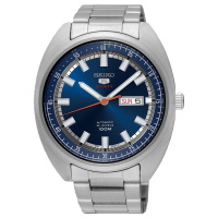 精工(SEIKO)手表 精工5号自动机械表原装进口鲍鱼形防水夜光时尚运动男表双历蓝盘钢带 SRPB15J1