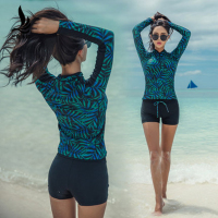 三奇泳衣女长袖分体平角裤遮肚运动保守学生显瘦温泉大码泳装