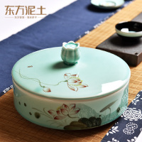 东方泥土家居陶瓷摆件中国风创意手绘龙泉青瓷密封罐普洱茶饼储藏罐茶叶罐装饰摆件