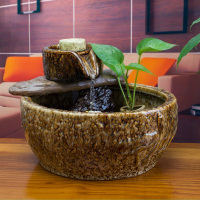 东方泥土 陶瓷流水摆件 创意家居客厅招财风水轮装饰品室内加湿器 D58-15 石磨花釉(配雾化器)送仿真花