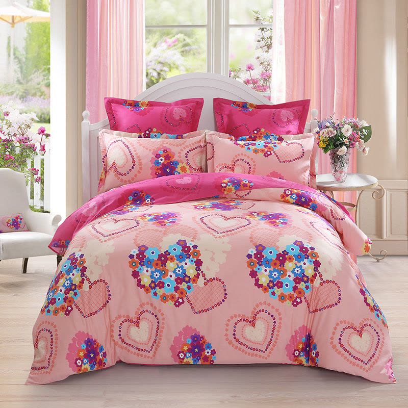 LOVO家纺床品四件套 全棉斜纹印花 暖粉色花卉心形图案 精致绗缝 床上用品纯棉床单被套其他 1.5/1.8米床 心心相图片