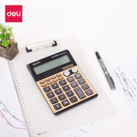 得力deli1558双模式语音计算器双电源计算器 12位大屏语音多功能办公财务专用计算器金色