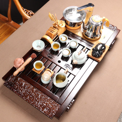 尚帝 整套陶瓷茶具家用套装实木功夫茶台黑檀木茶盘全自动四合一电茶炉 黑檀祥云哥窑古烧智能旋转加水套装