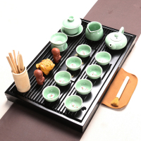 百鸿(Baihong) 整套紫砂套装家用功夫茶具茶壶茶杯实木茶盘茶道配件 马到成功青瓷鱼戏套装