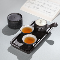 百鸿 日式粗陶五行快客杯整套茶具 一茶壶两杯茶叶罐带茶盘 创意便携旅行功夫茶具套装 土