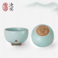 东道 汝窑吉福单杯 猪年汝窑茶杯陶瓷主人杯 景德镇汝瓷功夫茶具杯 冰裂釉 吉福单杯