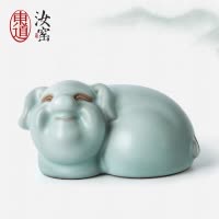 东道 汝窑 猪年生肖茶宠 创意摆件 茶道配件 陶瓷 冰裂釉 礼盒装 天青 吉福猪年茶宠（天青）