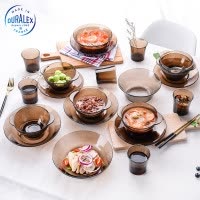 [Duralex多莱斯] 法国进口欧式餐具碗碟套装家用钢化玻璃微波炉可加热 6人22件套咖啡色螺纹B款