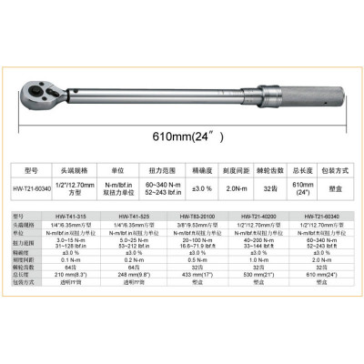 宝工 Pro'sKit HW-T21-60340 1/2" 可调式棘轮扭力板手