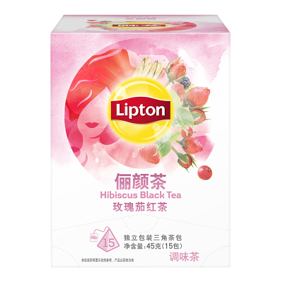 立顿Lipton 花草茶 俪颜茶 玫瑰茄红茶三角茶包袋泡茶叶 调味茶3g*15包