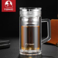 特美刻 玻璃杯双层带把便携过滤泡茶杯商务办公透明水杯 黑色400ml(1BSB1202)